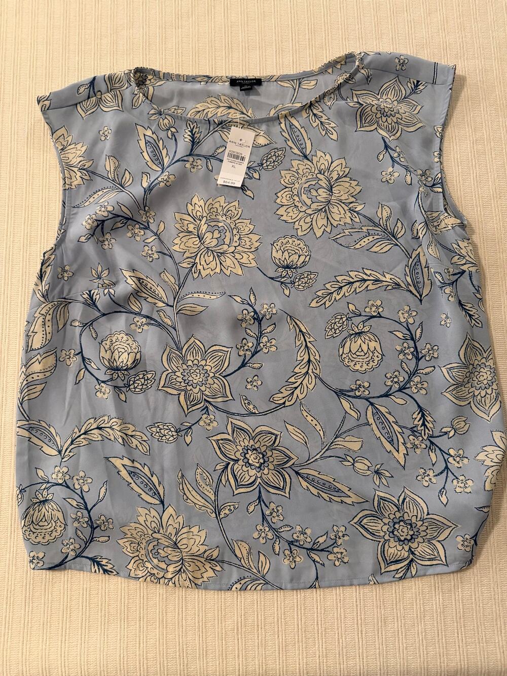 Ann Taylor Factory Blue Floral Cap Sleeve Blouse XL NWT
